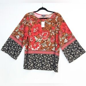 The Limited Red Black GB Chintzy Floral Wide 3/4 Sleeve Blouse NWT